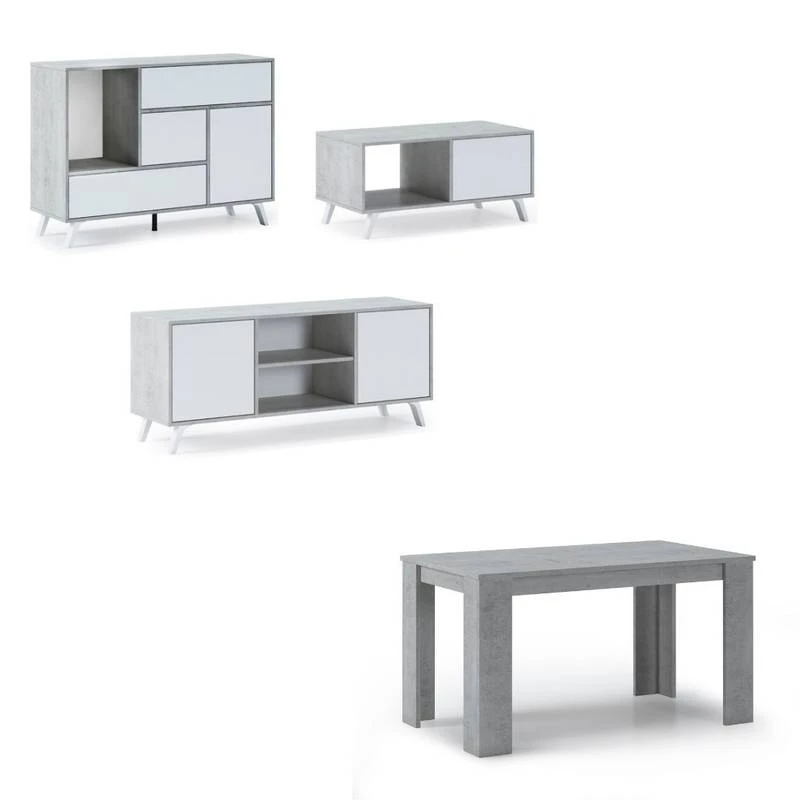 Set Buffet-M.TV-T.Basse-Table Ciment/Bl. 3 Set Buffet-M.TV-T.Basse-Table Ciment/Bl.