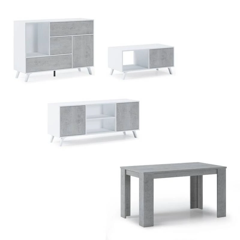 Set Buffet-M.TV-T.Basse-Table Ciment/Bl. 8 Set Buffet-M.TV-T.Basse-Table Ciment/Bl. – Image 6